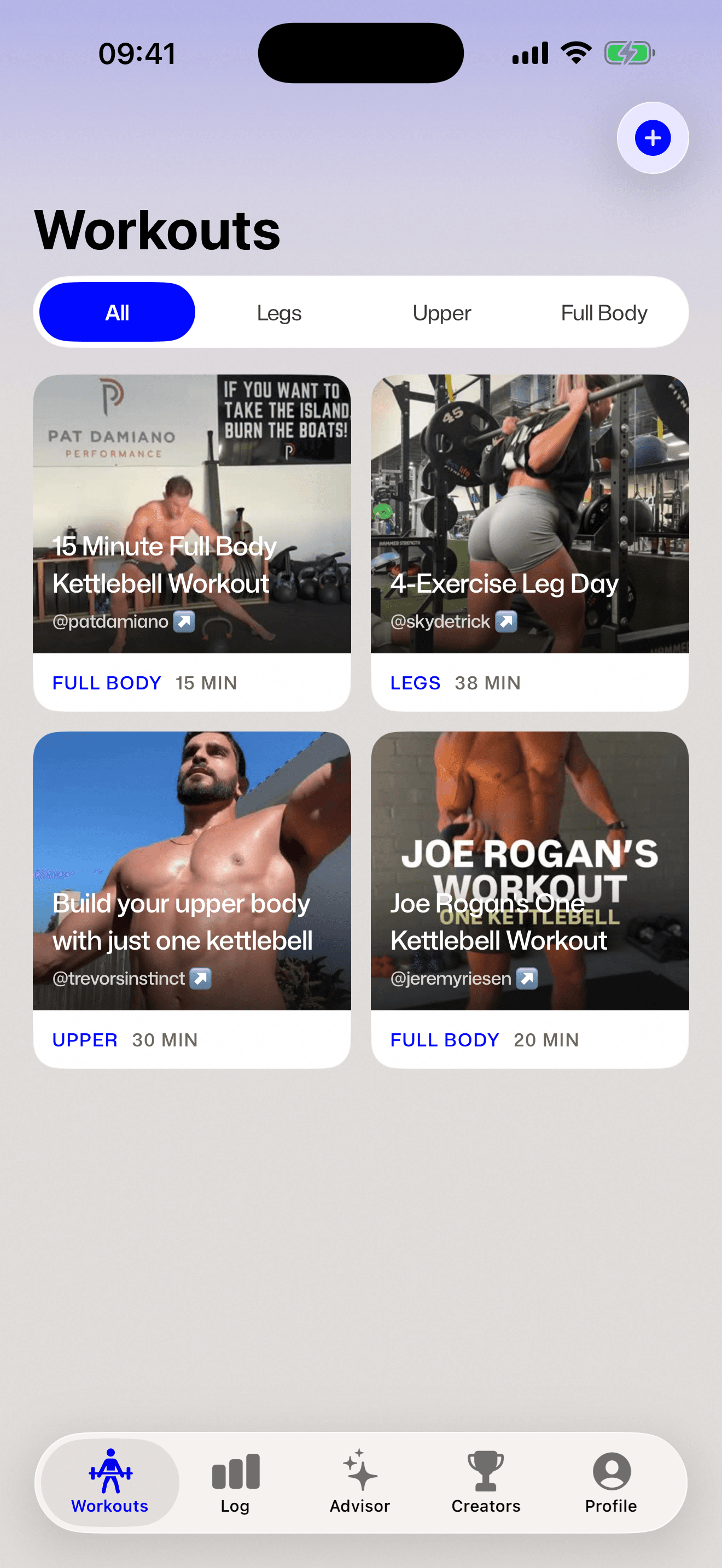 Stackhero showing a saved workout library with structured workouts